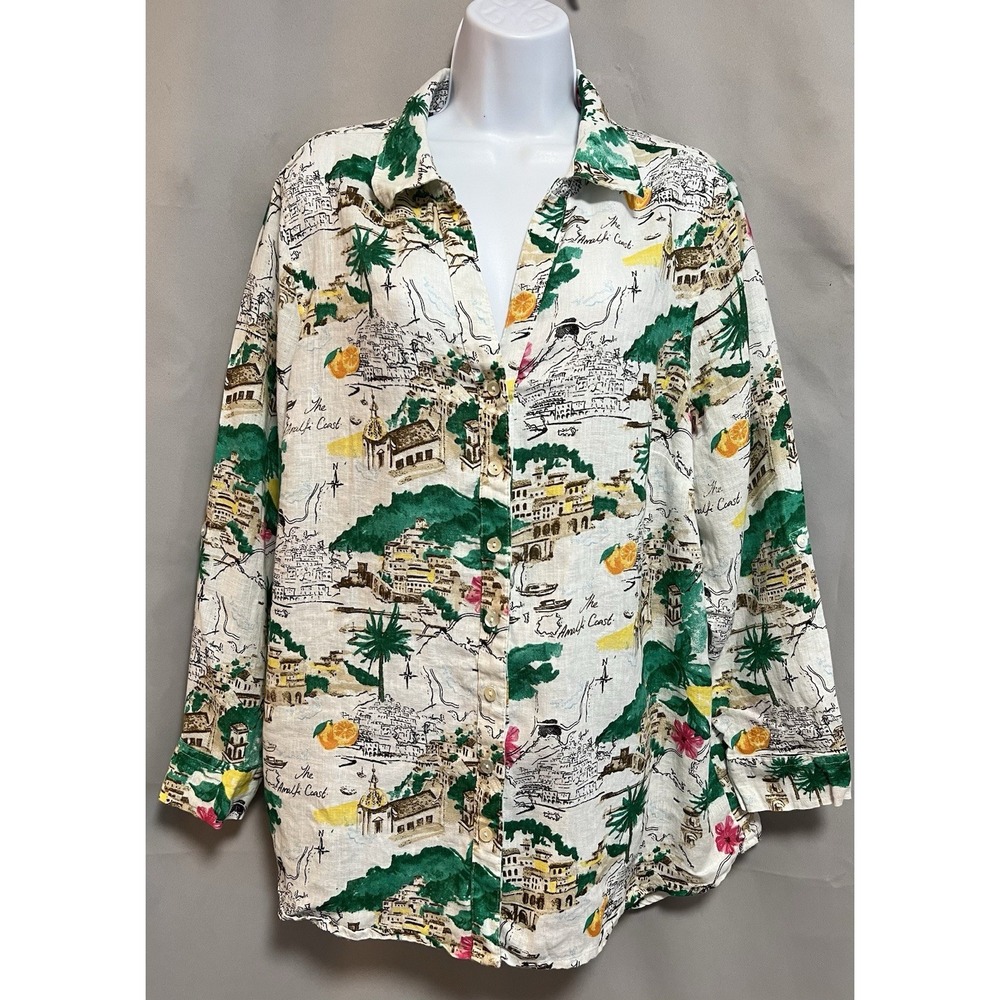 Cynthia Rowley Womens Plus 1X Blouse Shirt Amalfi Coast 100% Linen Rolled Cuff - Picture 1 of 13